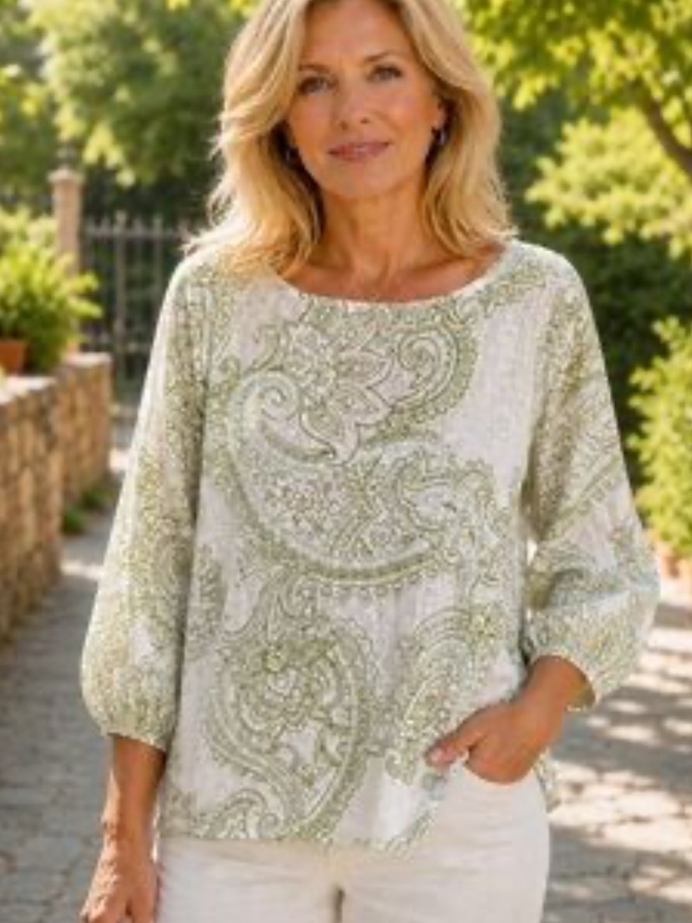 Rachel Zoe Linen Paisley Print Blouse Sz L w MEASUREMENTS Keyhole Back, Cropped